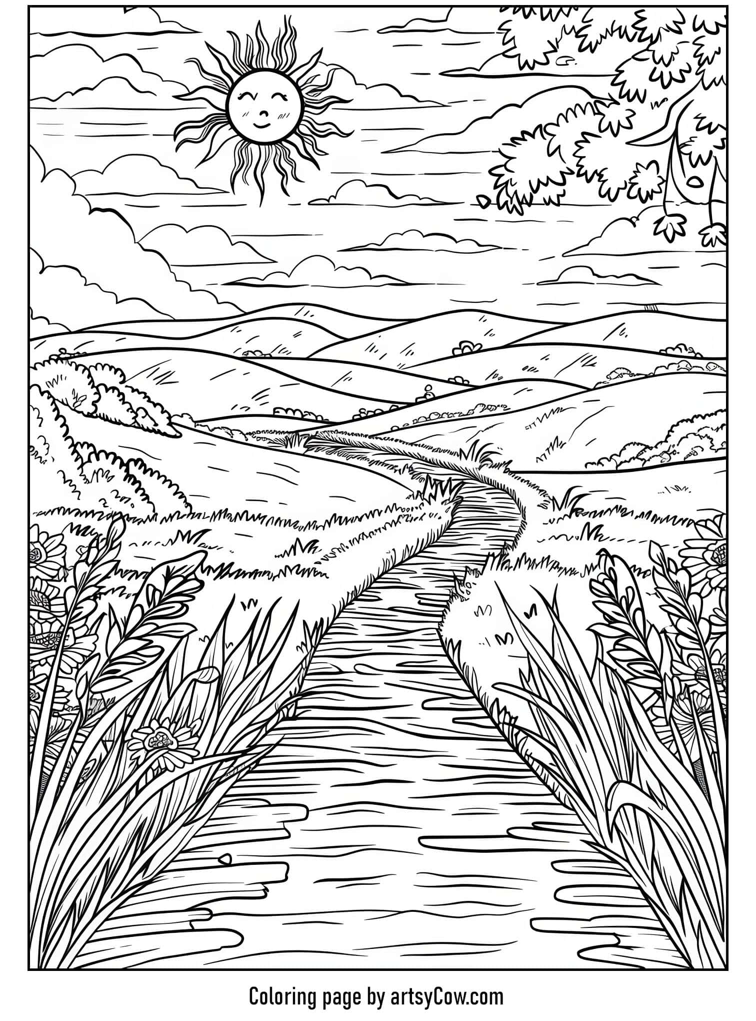 a scenic sunrise over a hilly landscape with a smiling sun